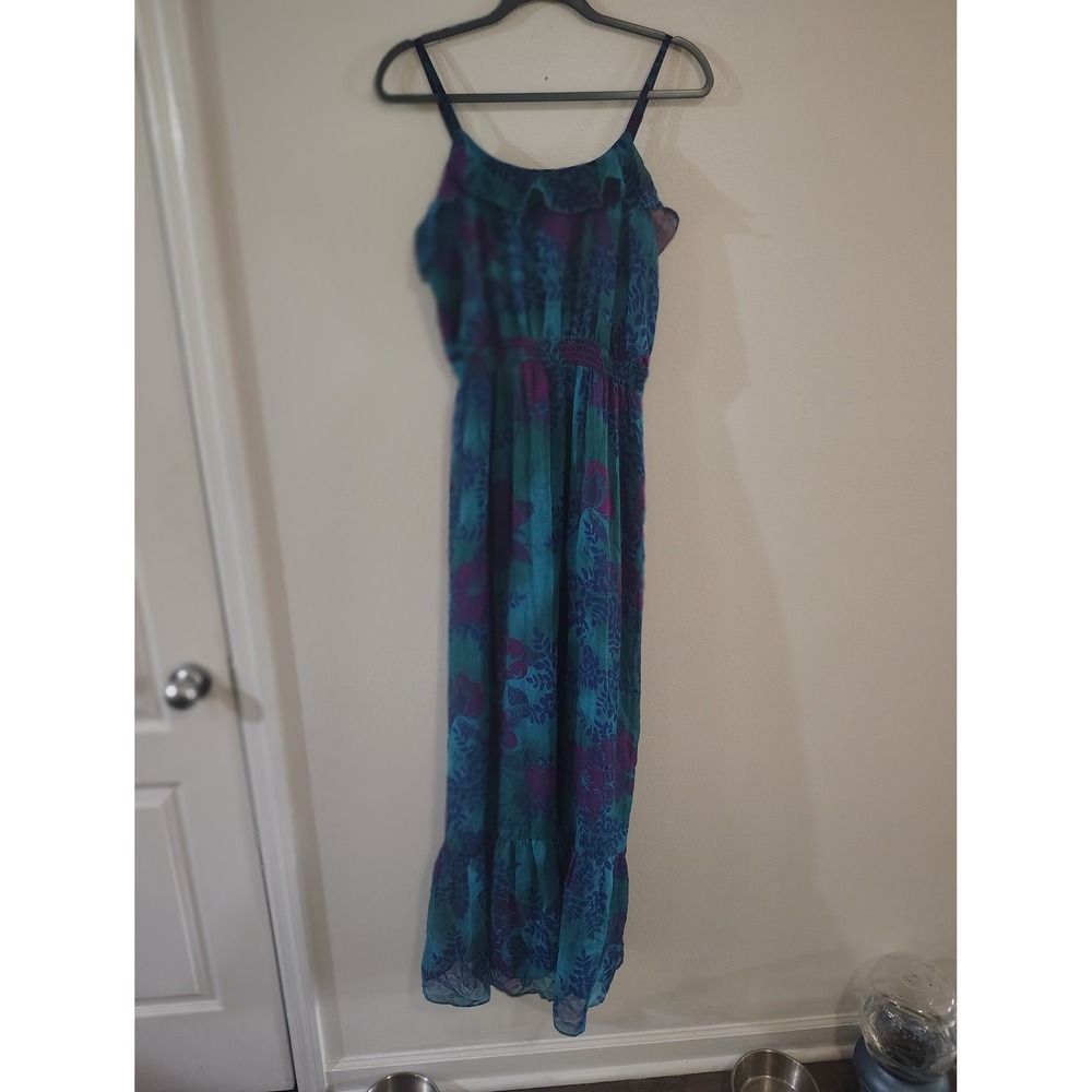 Express Women Teal Purple Floral Maxi Dress Smocked Waist Ruffle Hem Medium